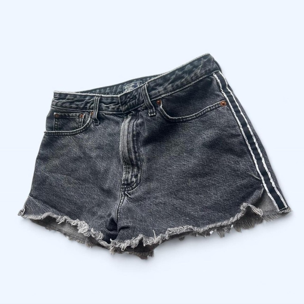 Abercrombie & Fitch Black Washed Frayed Annie High Rise Side Stripe Jean Shorts